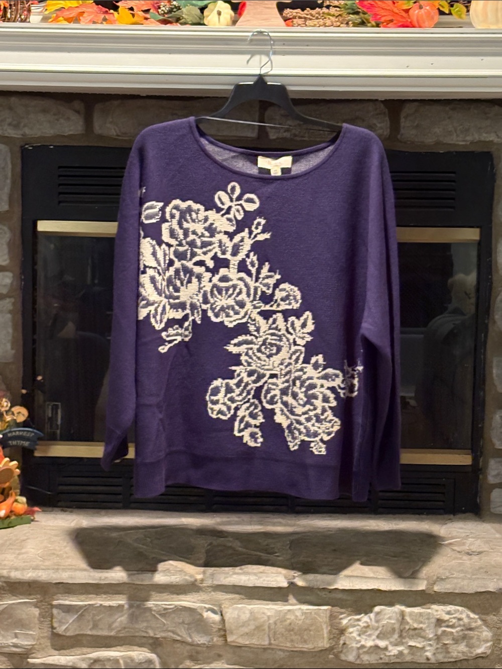Women's Navy Scoop Neck Floral Knit Sweater